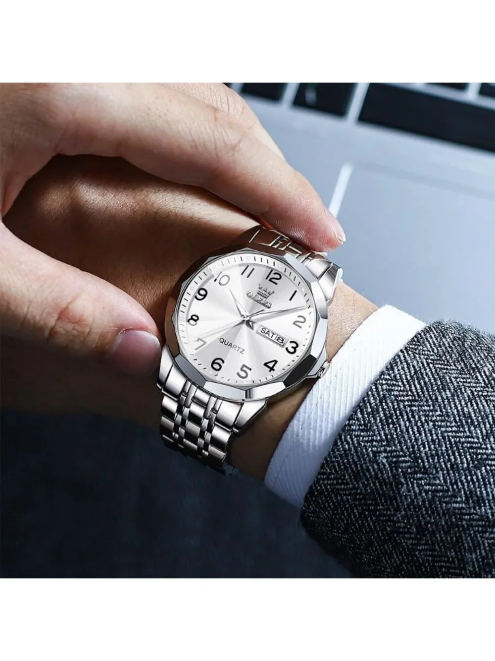 Men's All Silver Stainless Steel Analog Quartz Classic Waterproof Round Watch